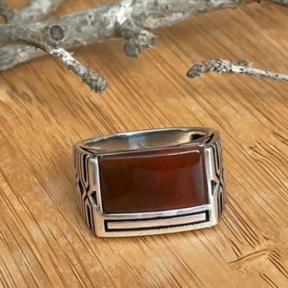 925 Sterling Silver Men's Ring With Agate Stone - Picture 2 of 12